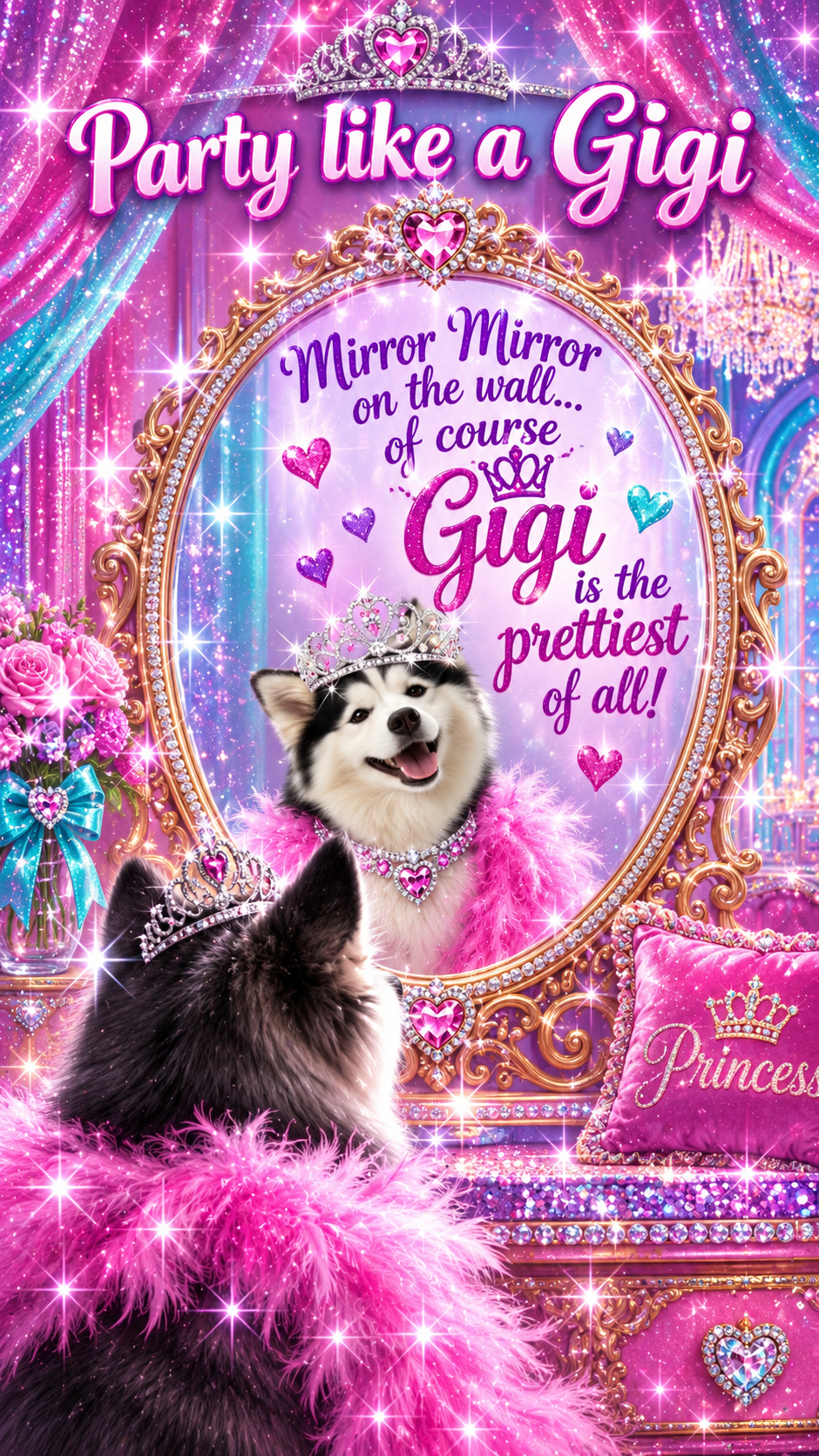 Gigi the Pomsky princess in a glam mirror with tiara and pink feather boa – iPhone wallpaper