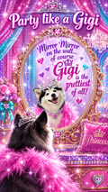 Gigi the Pomsky princess in a glam mirror with tiara and pink feather boa – iPhone wallpaper